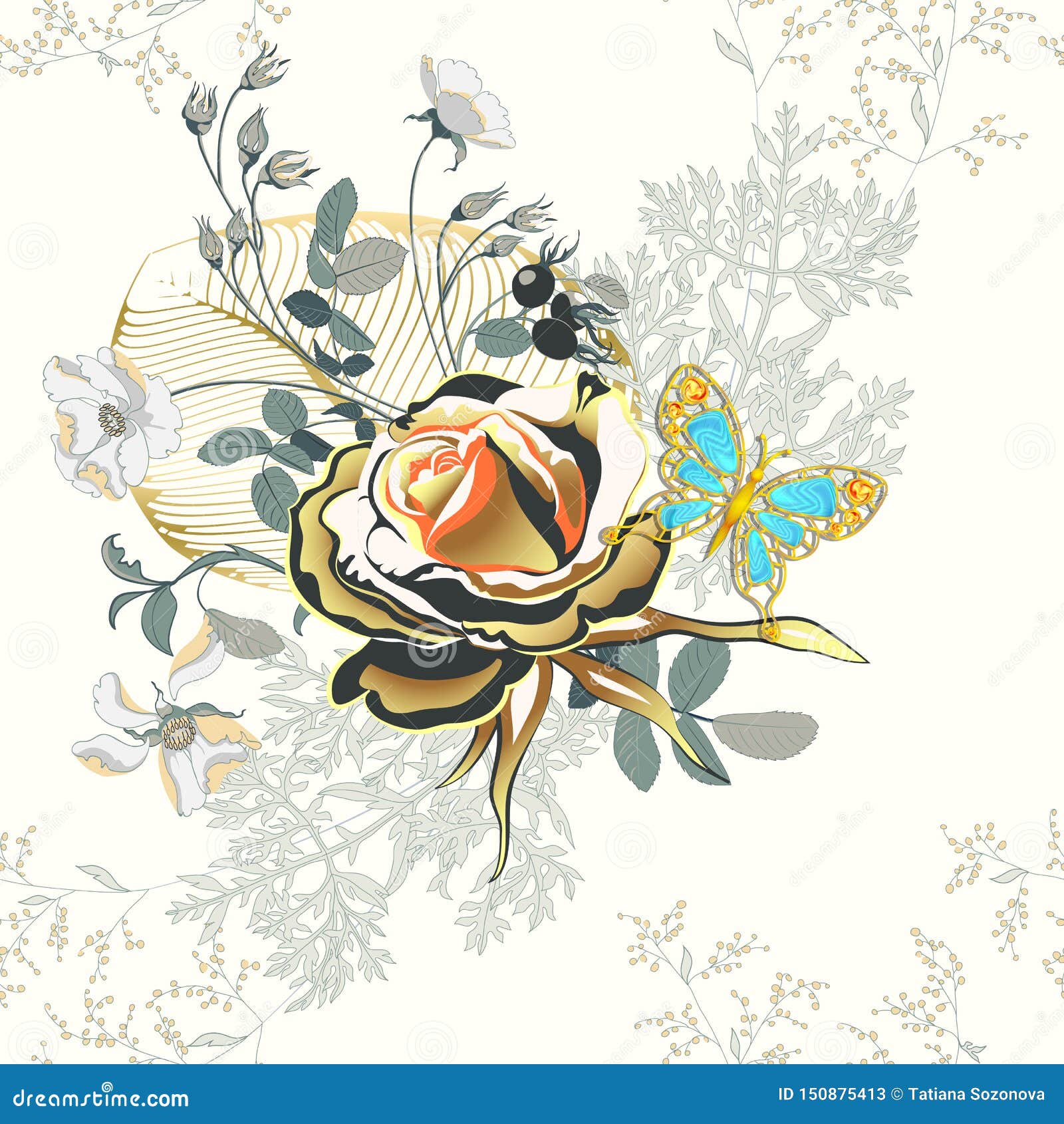 Download Flower Arrangement Golden Rose And Butterfly As Gold ...