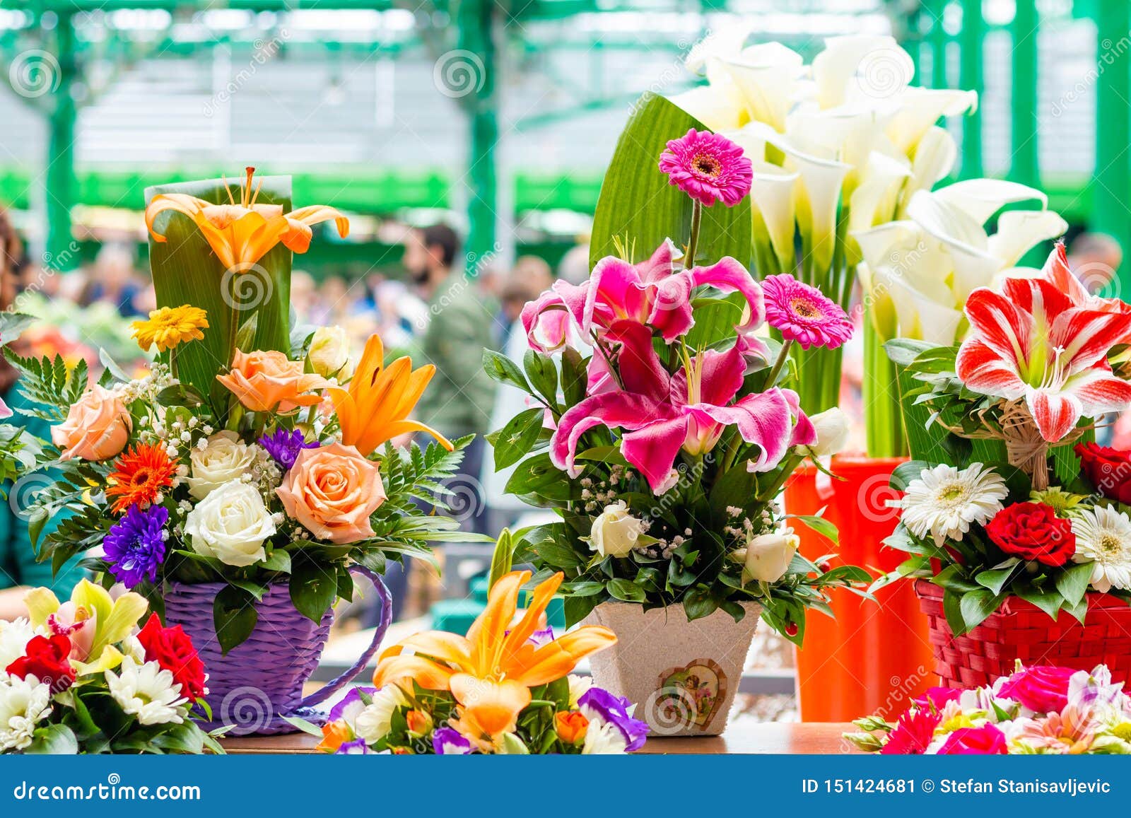 Flower Arrangements on the Marketplace Stock Image Image of bokeh