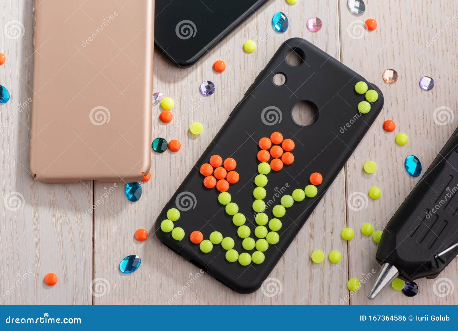 Flower Art On Black Phone Case Beads And Rhinestones Stock Photo