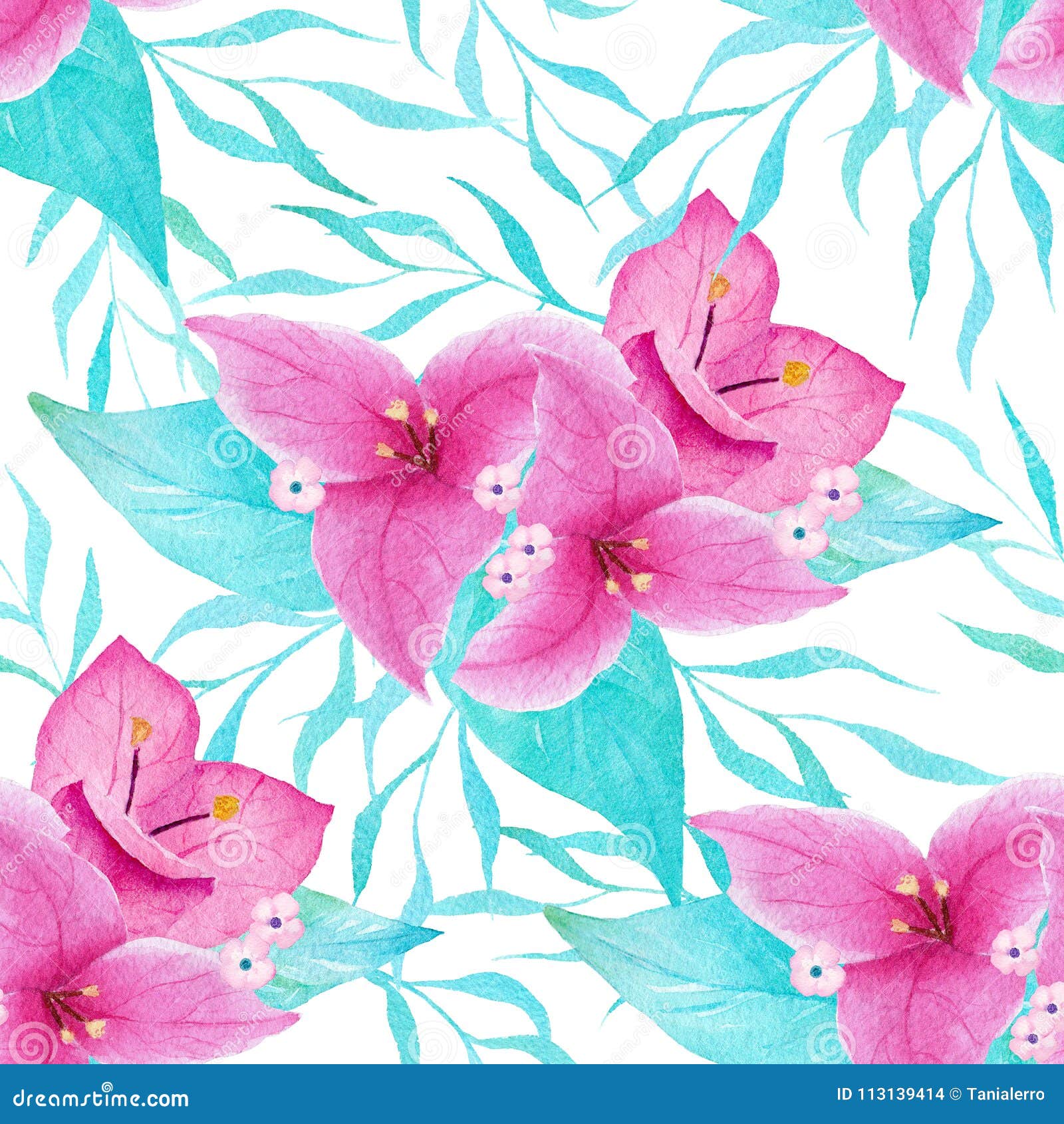 flower bouganvillea watercolor seamless pattern on white background. perfect for packaging,decoration,printing on bag and fabric.