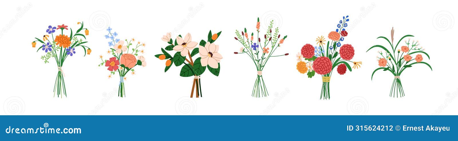 flower bouquet, beautiful blossom arrangements set. spring and summer floral bunches, garden flora and wildflowers