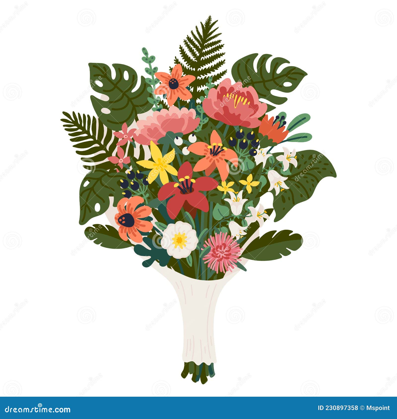 Flower Bouquet, Bunch of Pink and Yellow Flowers and Green Branches. Vector  Illustration in Flat Cartoon Style on White Stock Vector - Illustration of  spring, plant: 230897358
