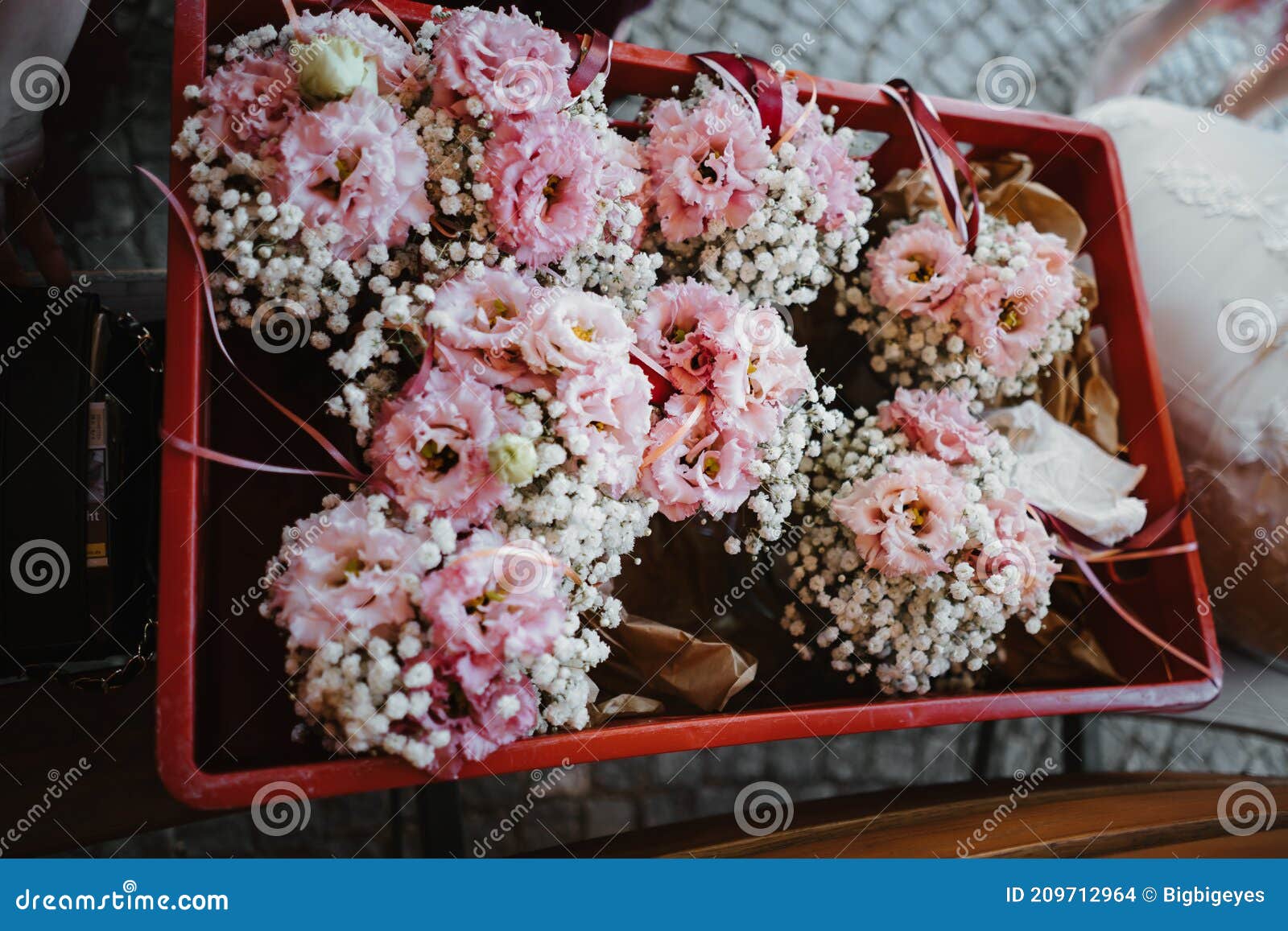 Flower Bouquets in a Plastic Box at a Wedding Stock Photo Image of