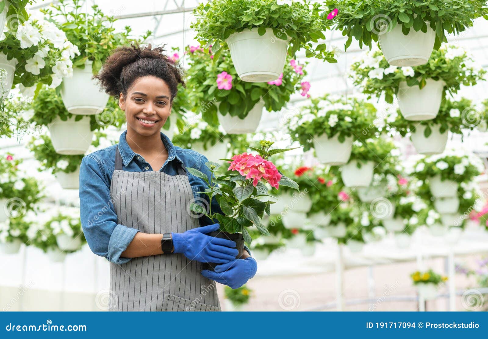Happy Woman Planting Flowers At Her Backyard Stock Photo