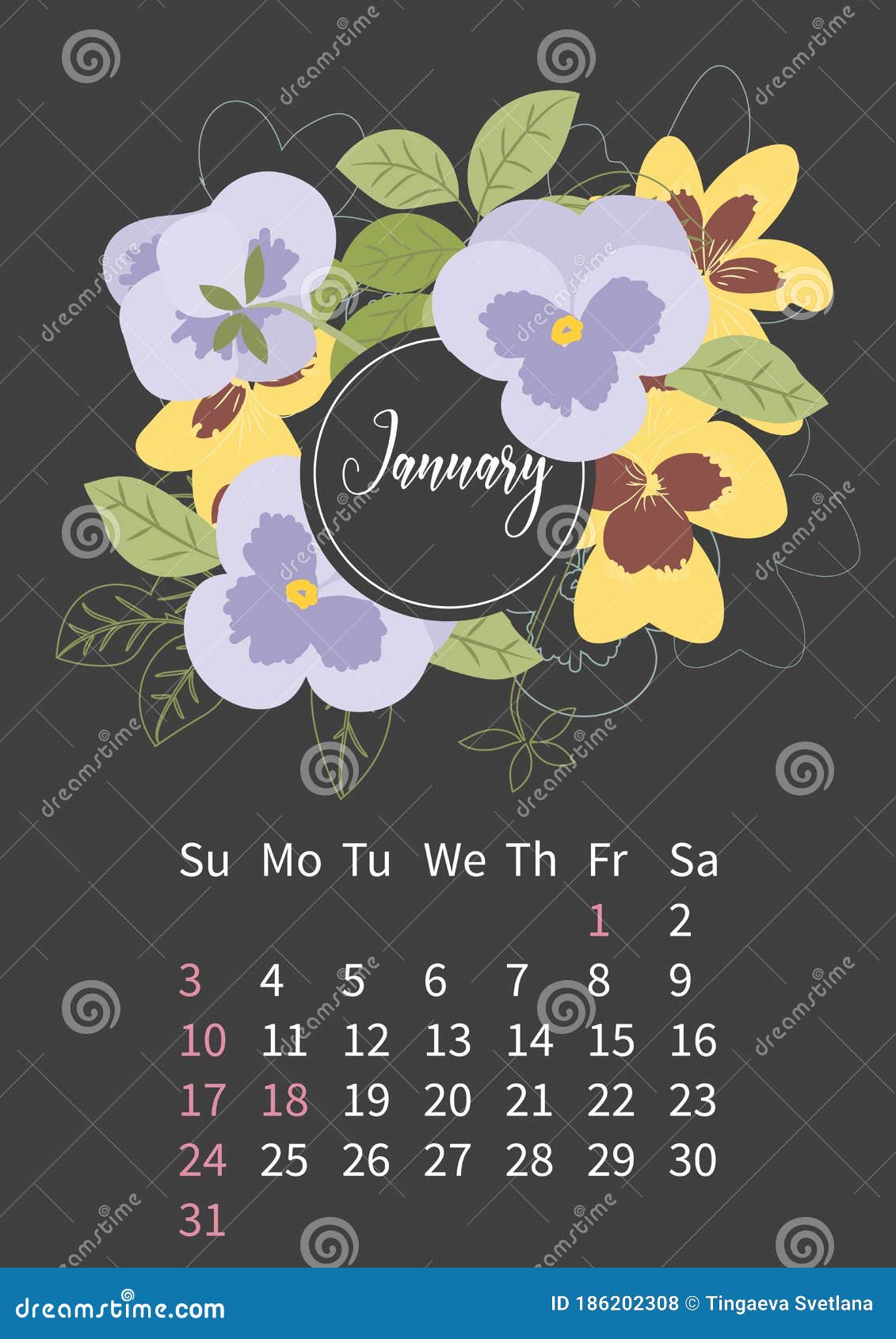 Flower Calendar 2021 with Bouquets of Flowers Stock Vector