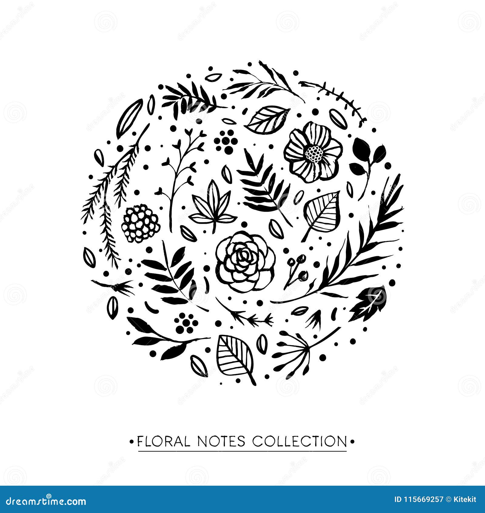 Flower Circle Shape Pattern. Floral Botanical Elements. Hand Drawn