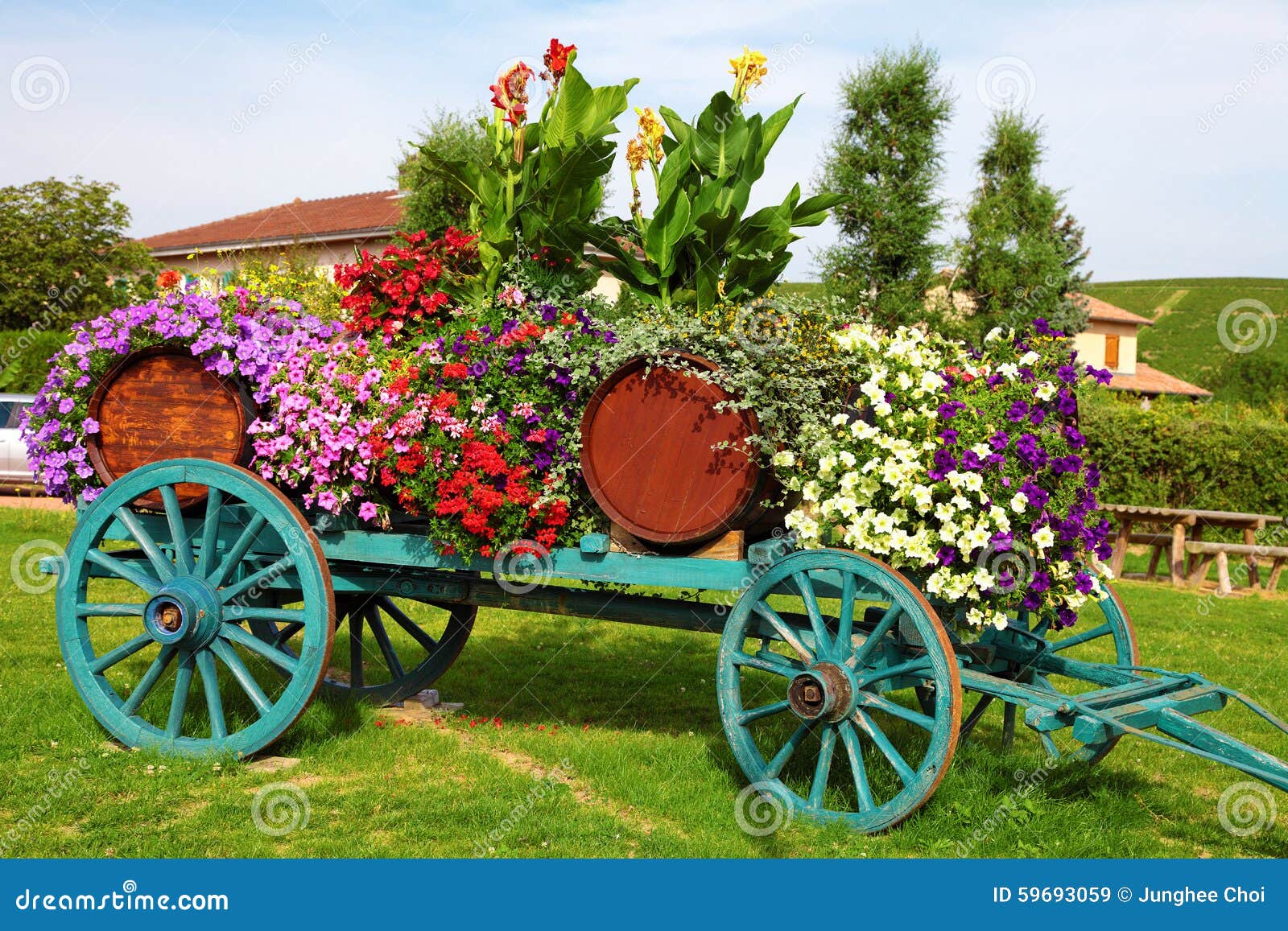 Flower decorated wine cart in Beaujolais region of France. Flower displayed wine cart in Beaujolais region of France