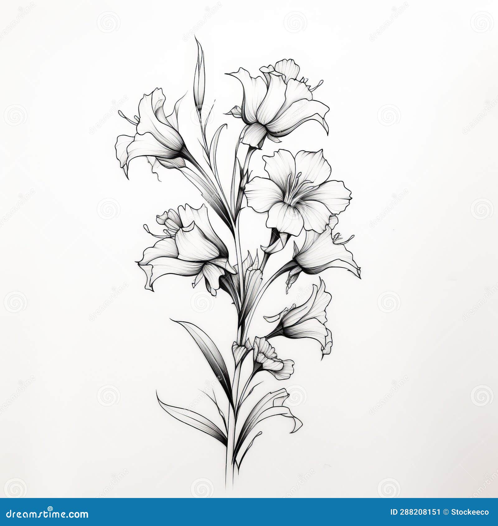baroque-inspired lily sketch on white background