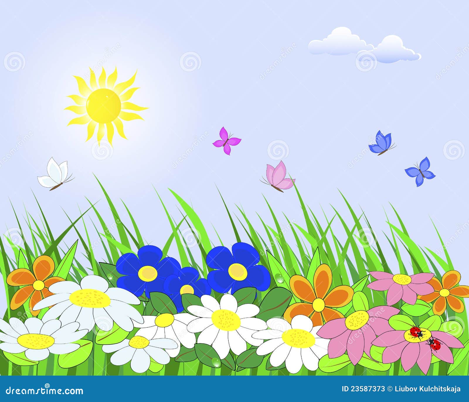 Flower landscape. Floral landscape with grass, dew, ladybugs and butterflies against the sunny sky with clouds. Vector illustration.