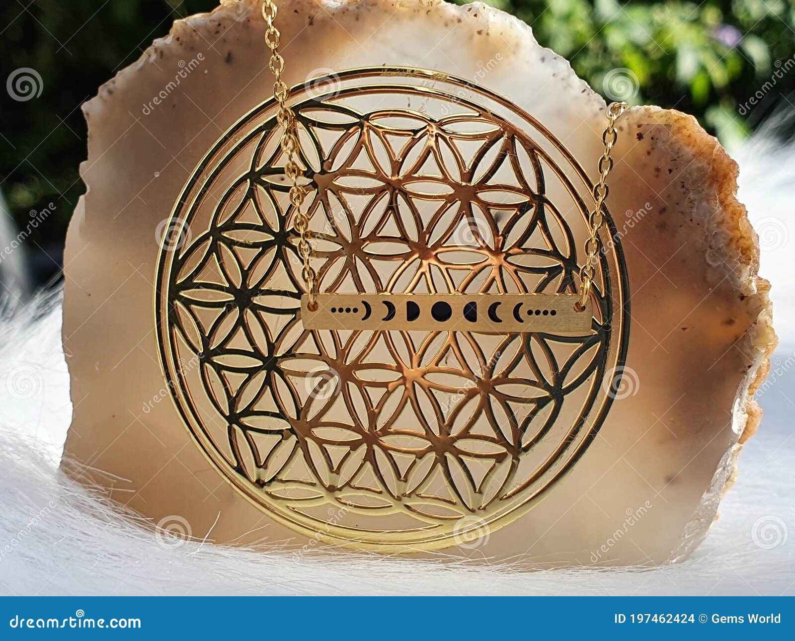 necklace moon fases cycle gemstone gold flower of life on agate