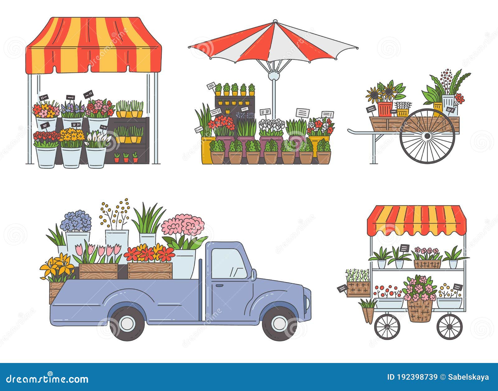 Flower Market Stalls And Vans Set, Sketch Cartoon Vector ...
