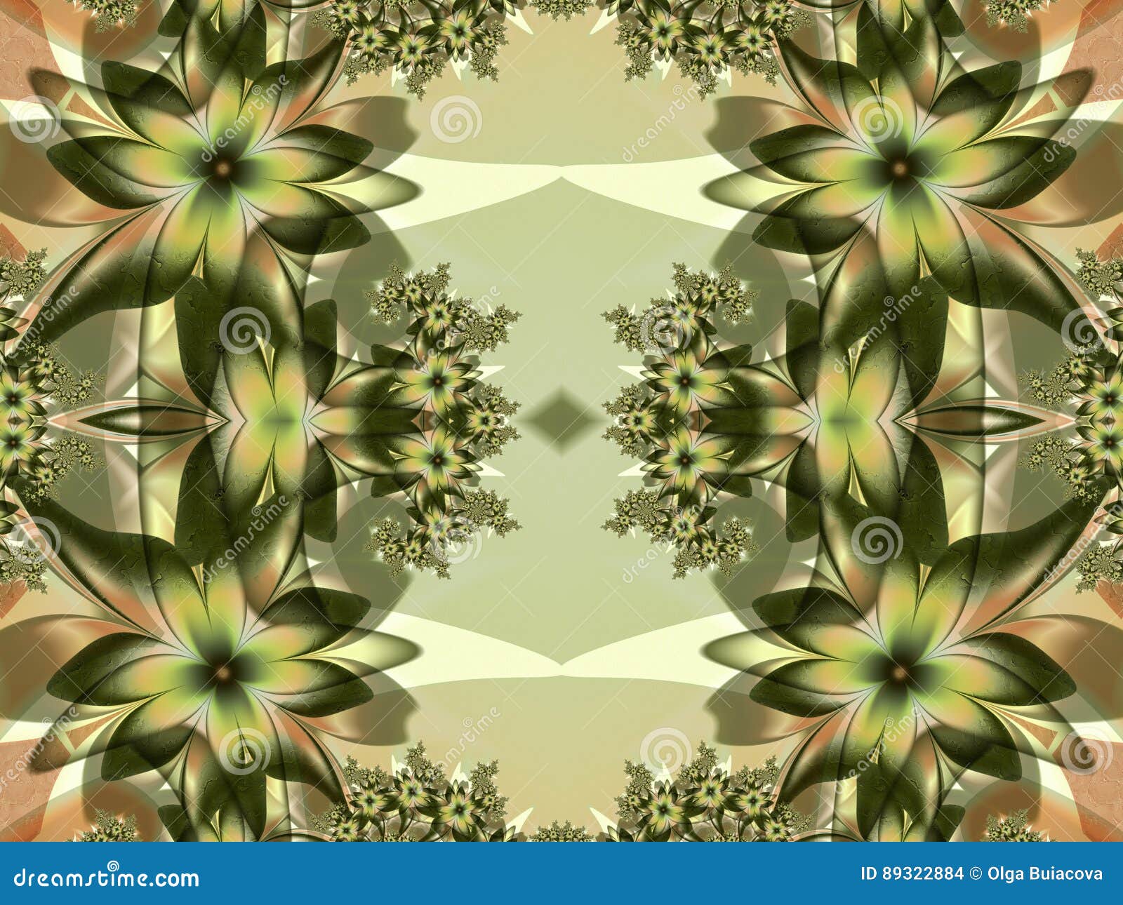 flower pattern in fractal . green and beige palette.