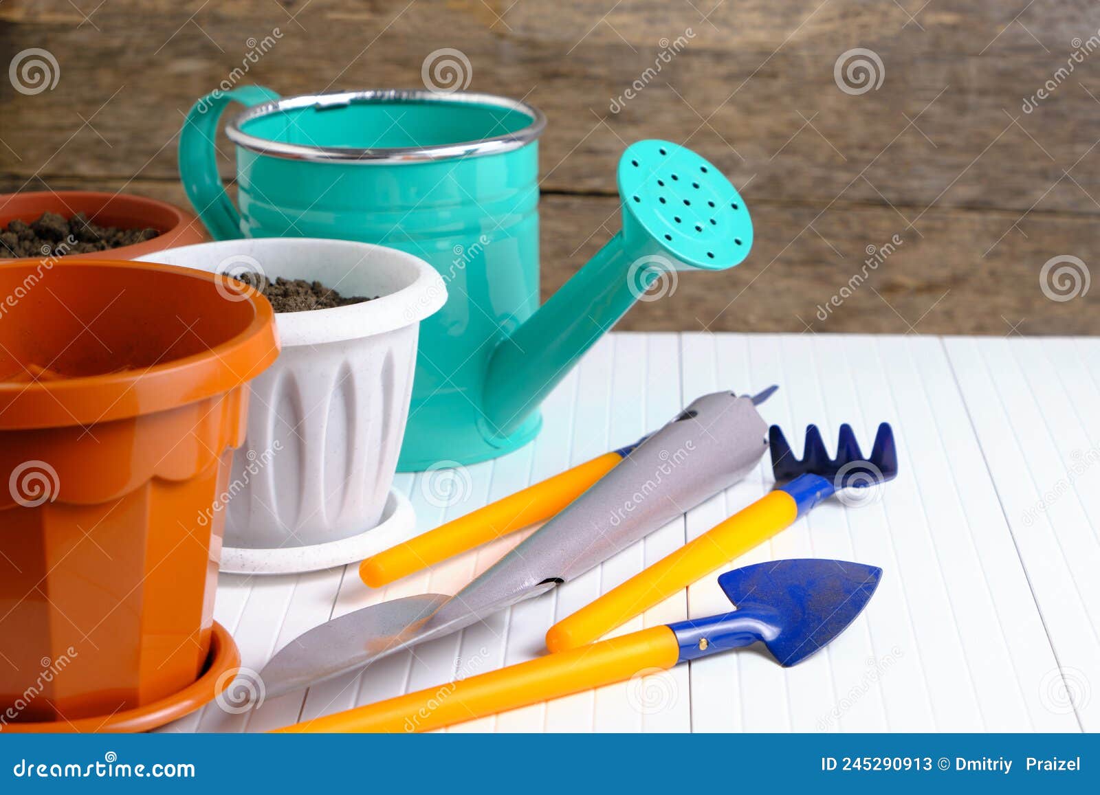 Flower Pots, Watering Can and Garden Tools on White Countertop Stock Image Image of white