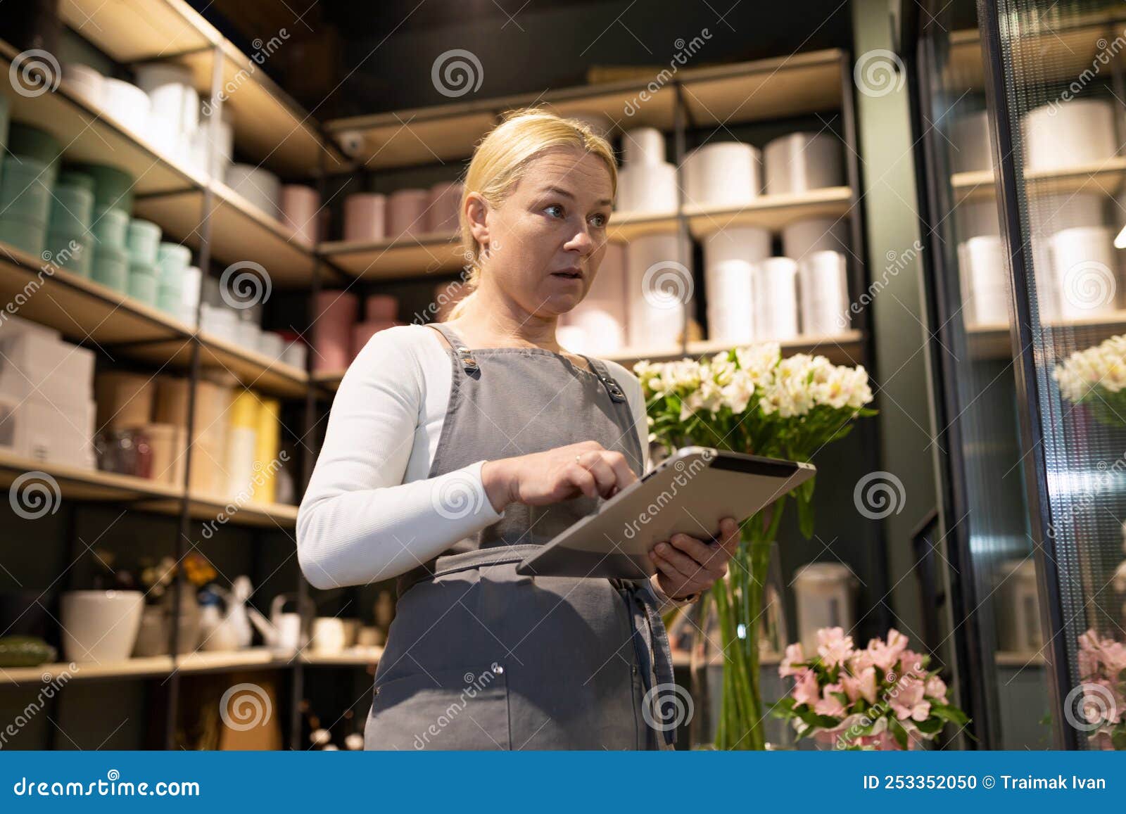 Flower Shop Employee Doing Inventory in Warehouse Stock Photo Image