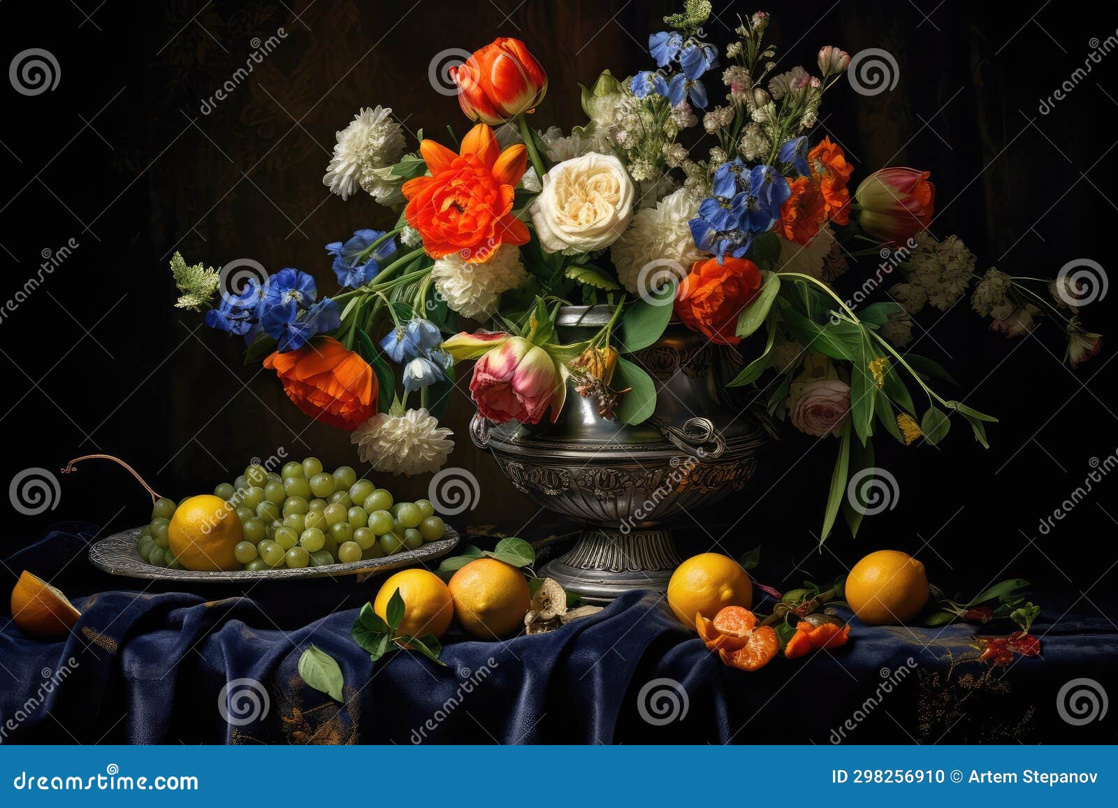 flower still life bouquet in vintage vase, ancient dutch masters imitation, abstract generative ai 
