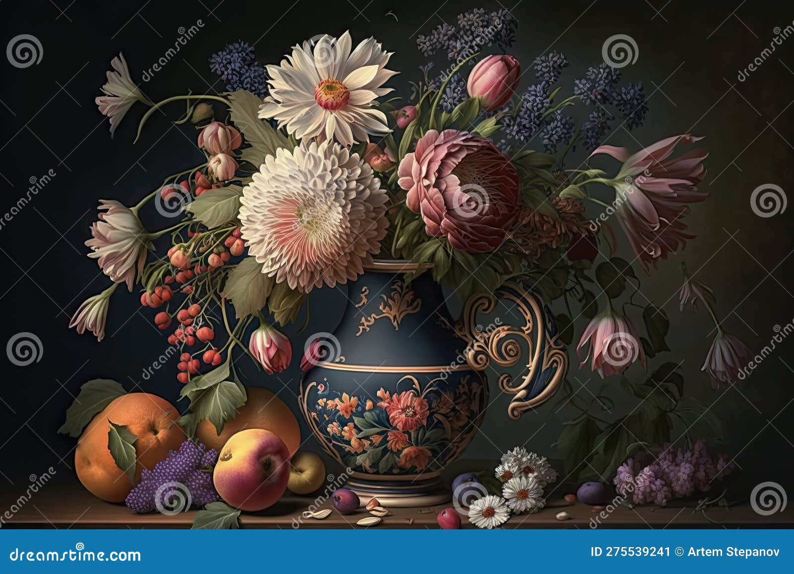 flower still life bouquet in vintage vase, ancient dutch masters imitation, abstract generative ai 