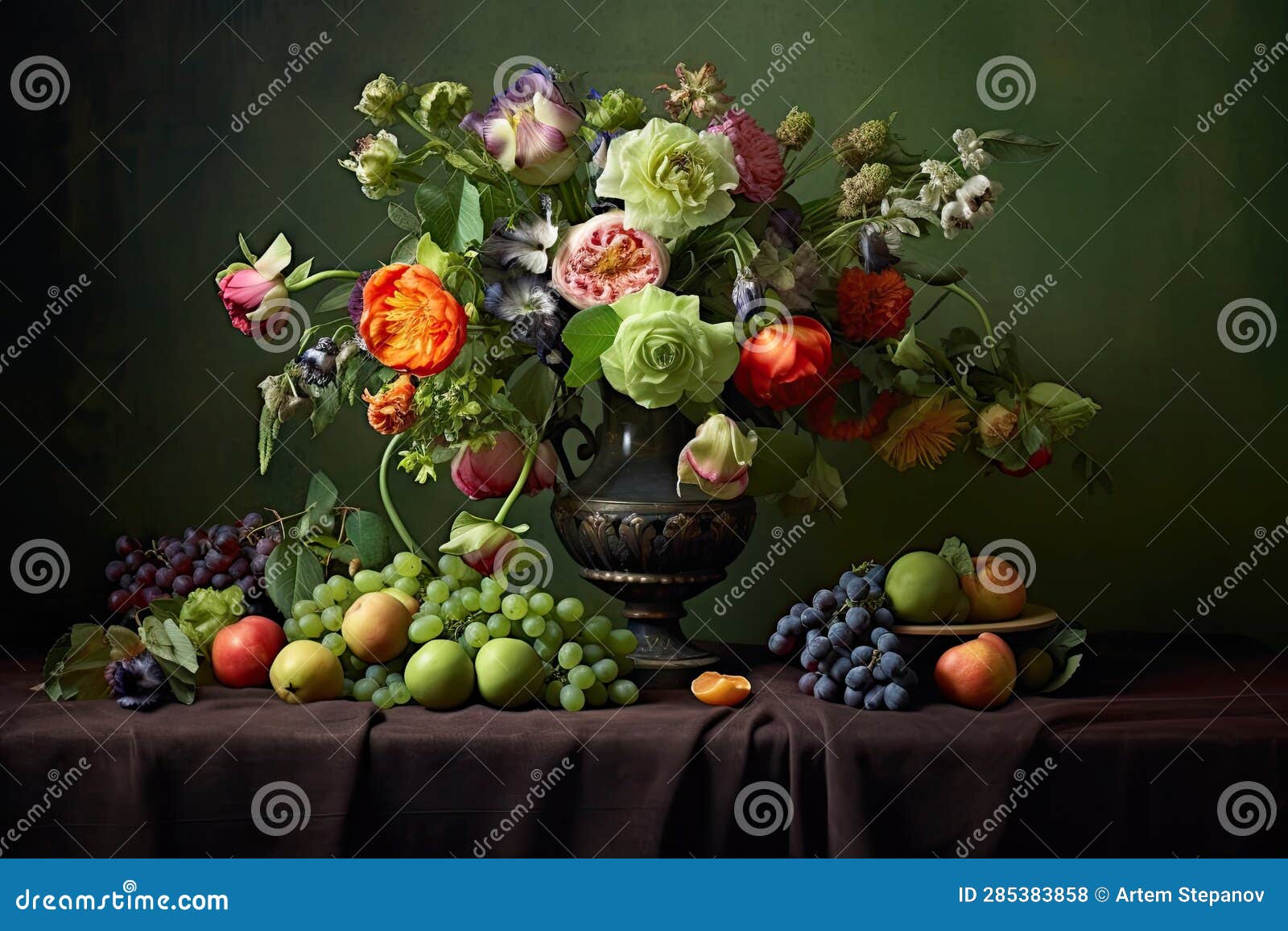flower still life bouquet in vintage vase, ancient dutch masters imitation, abstract generative ai 
