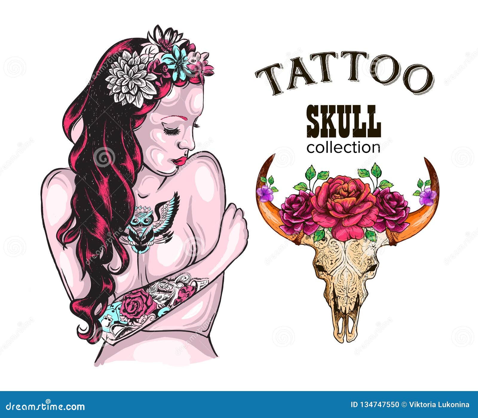 Flower Tattoo Design Shop Tattooed Lady, Skull of a Cow with Horns,  Decorated with Flowers Stock Illustration - Illustration of grunge, leaf:  134747550