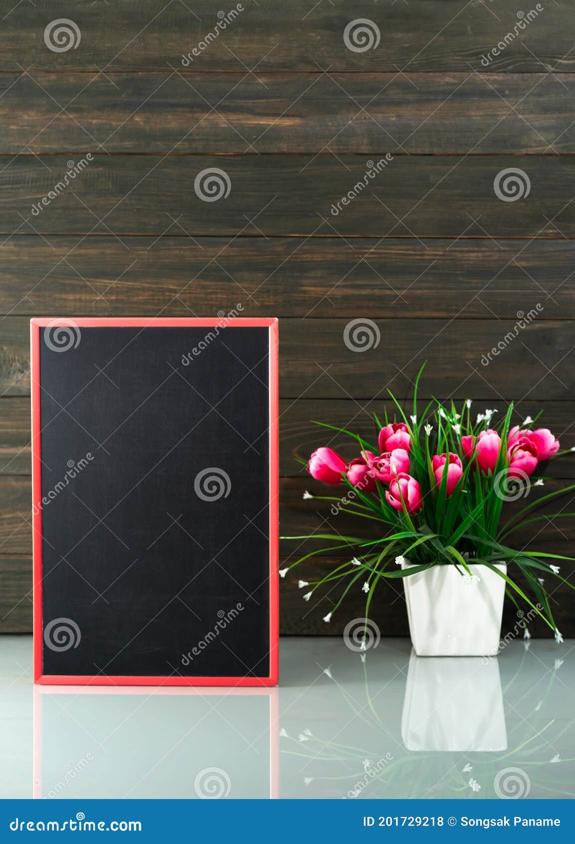 Flower Vase and Blank Chalkboard on Table Stock Photo Image of board
