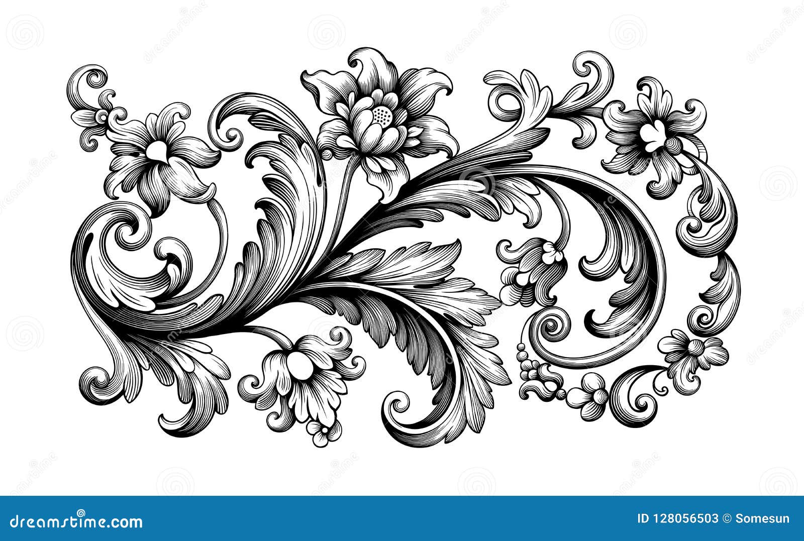 flower vintage baroque scroll victorian frame border floral ornament engraved retro pattern rose peony tattoo filigree 