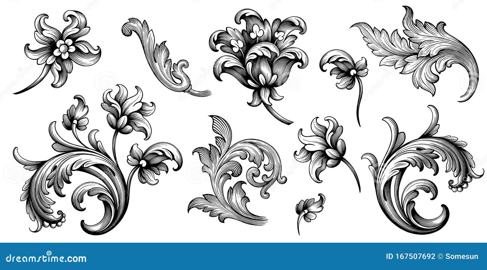 flower vintage baroque scroll victorian frame border floral ornament engraved retro pattern rose peony tattoo filigree 