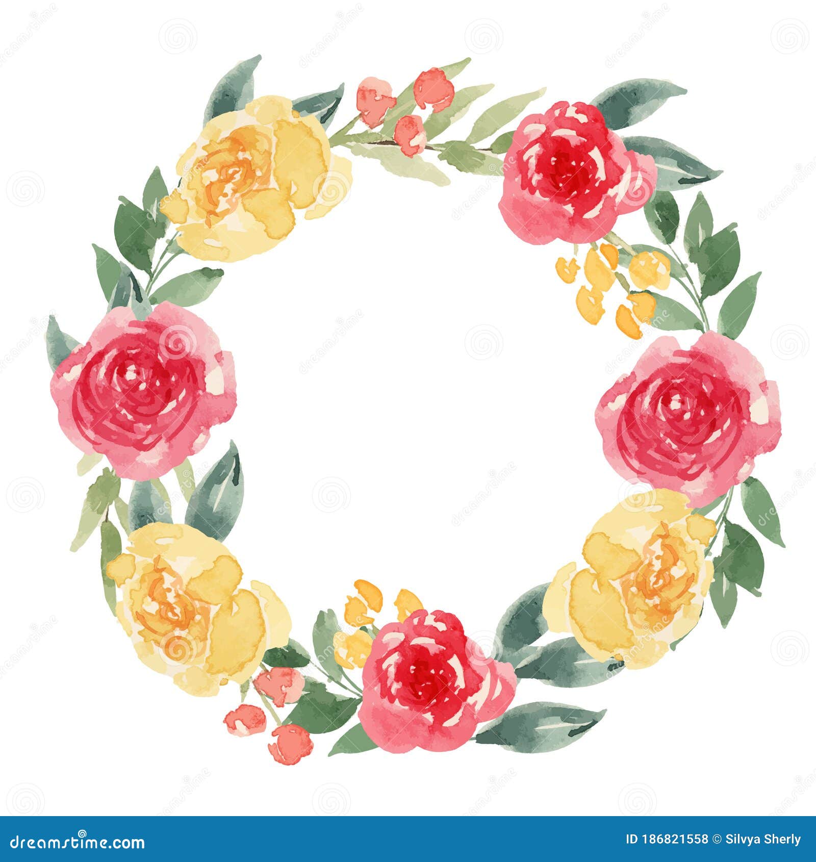 Vector Watercolor Red and Yellow Flower Wreath Stock Vector