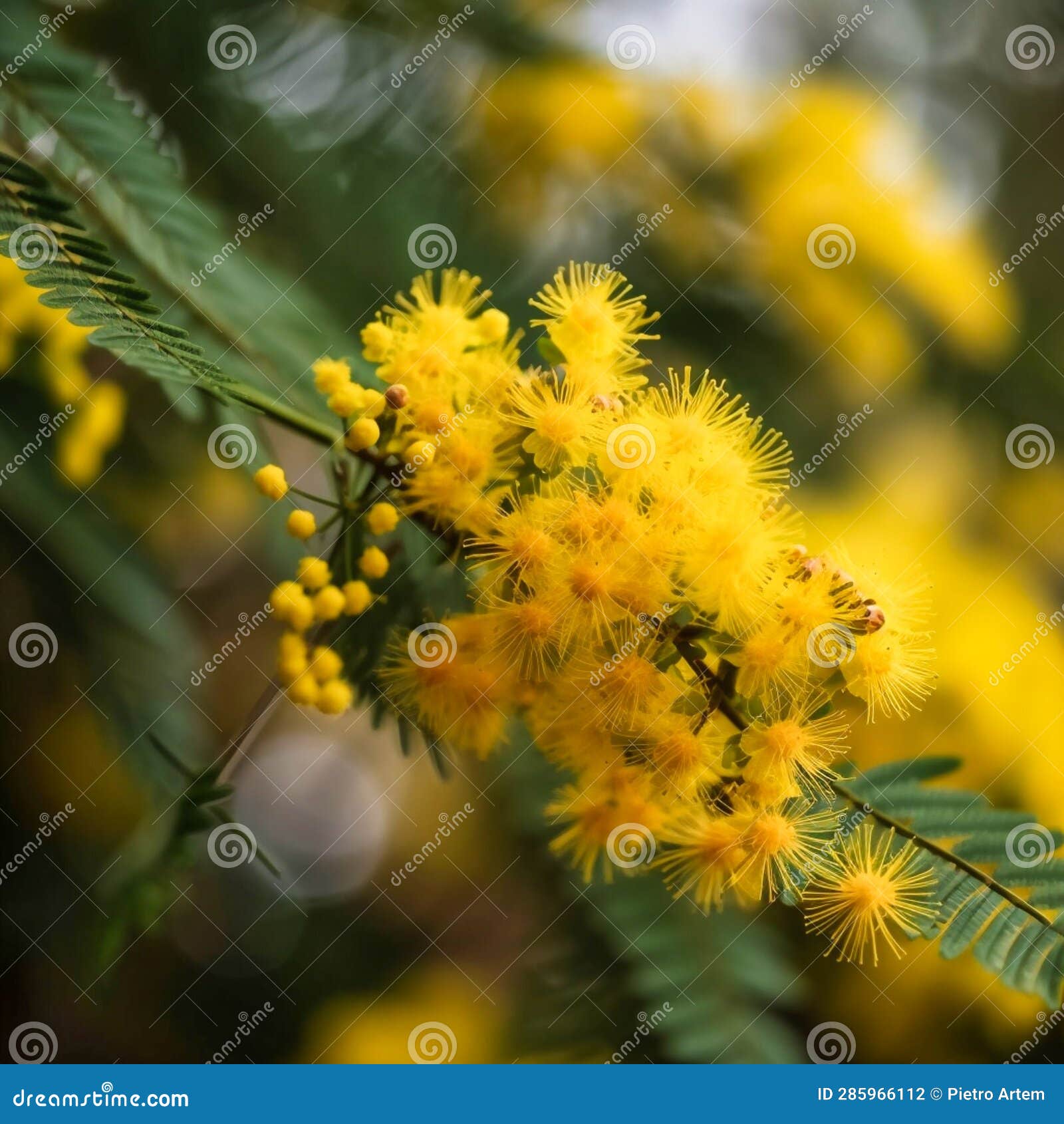Flowering Mimosa Tree Bright Yellow Flowers, Generative AI Stock