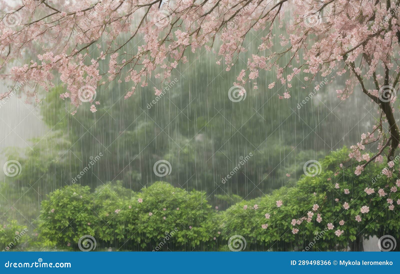 Flowering Trees in the Rain Stock Illustration Illustration of