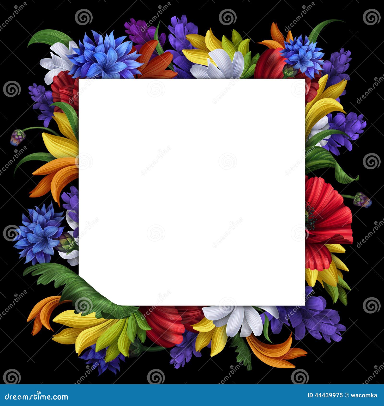 Flowers Background, Blank Message Banner With Floral Border, Greeting Card Illustration Stock