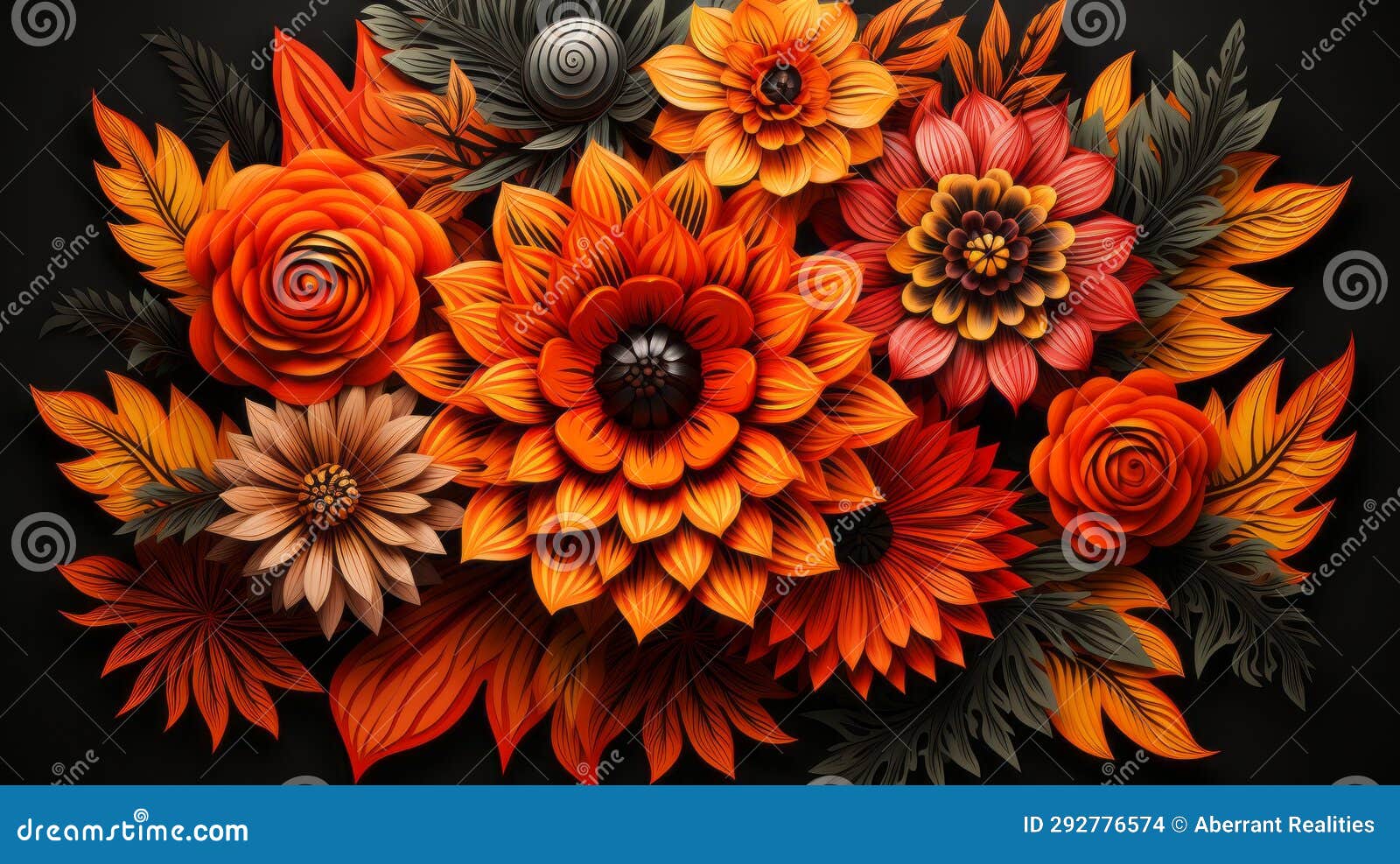 Flowers on a Black Background with Orange and Black Flowers Stock