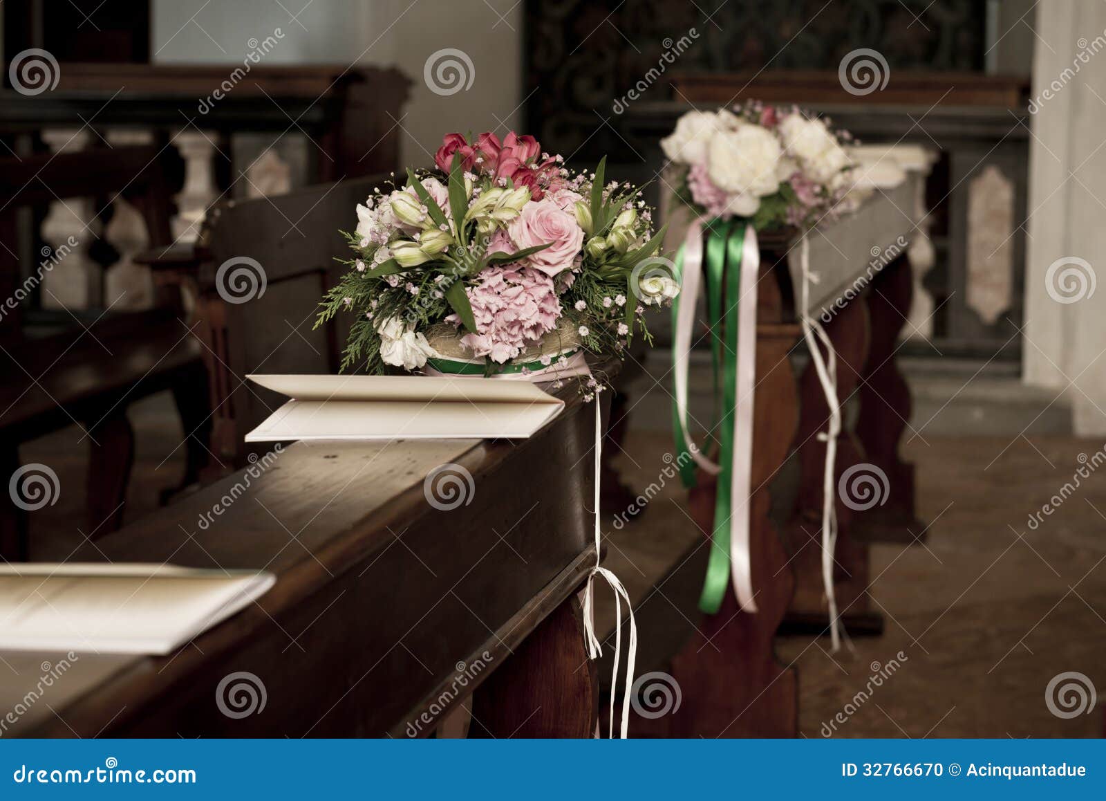 Flowers and Booklets on Church Bench for Wedding Stock Photo Image of