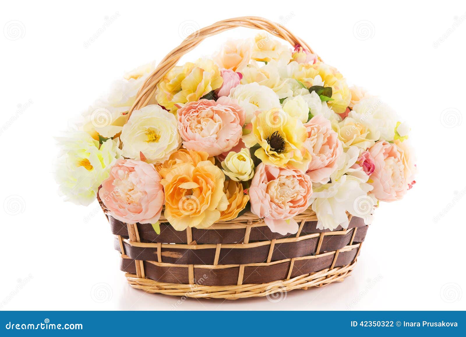 flowers bouquet peony in basket,  white backgound