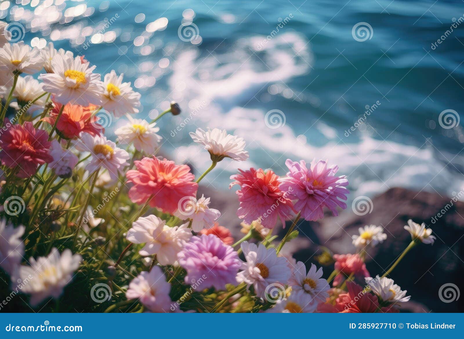 Flowers at a Cliff with Ocean and Water Waves in the Background Stock