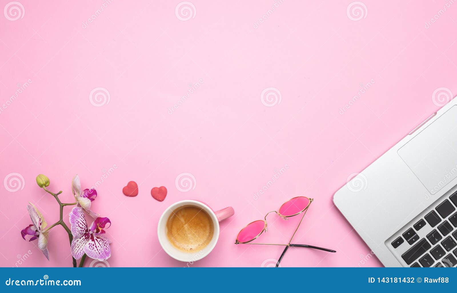 Flowers, Cup of Coffee and Laptop on Pink Desk Background, Copy Space ...