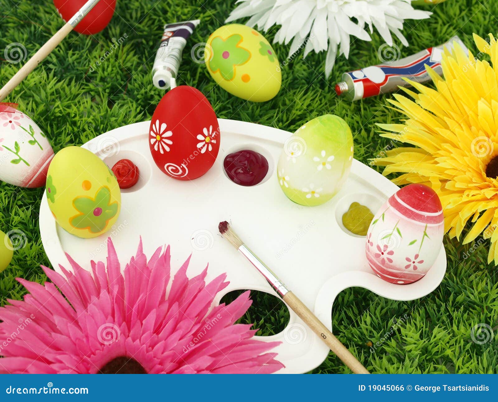 Flowers and Easter Eggs on Palette Stock Photo Image of happy, leaf