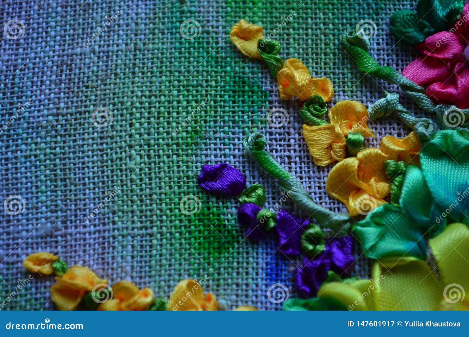 Flowers Embroidered with Color Satin Ribbons on the Fabric Stock Image ...