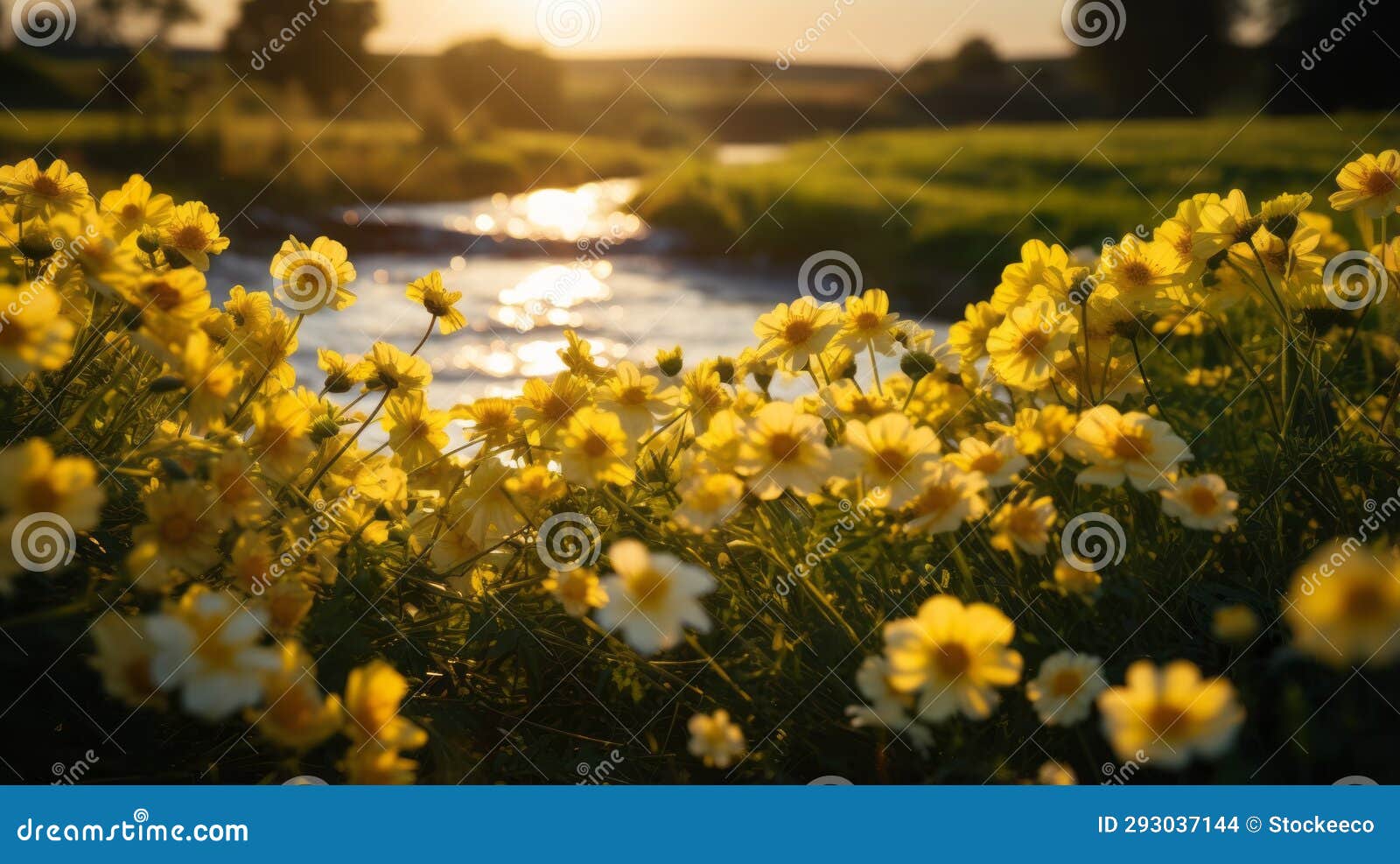 dreamy backlit yellow flowers by a stream - uhd image
