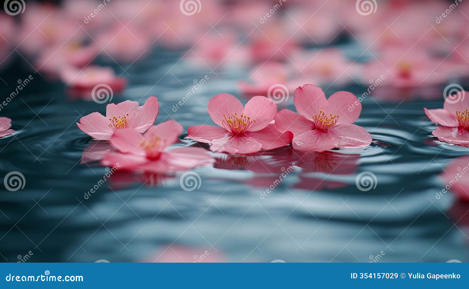 flowers floating on the surface of a tranquil water pool at sunset in a peaceful garden
