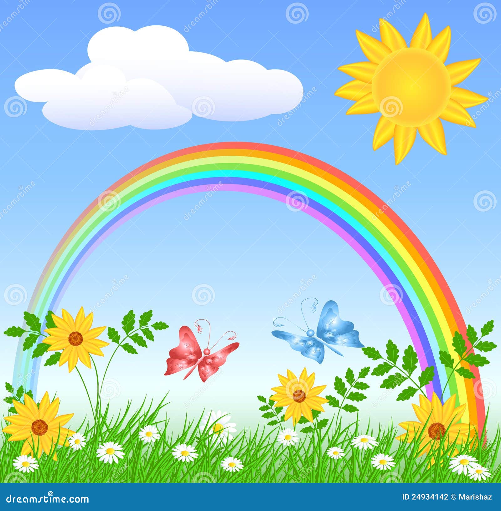 Flowers With Green Grass And Rainbow Stock Photography - Image 