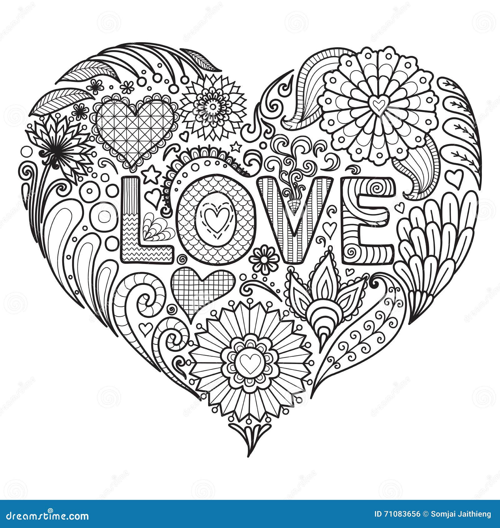 flowers in heart  for coloring books for adult or valentines card