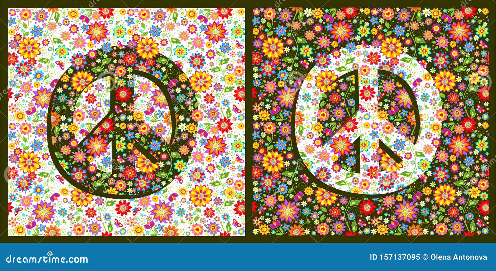 Flowers Hippie Colorful Fashion Wallpapers with Peace Symbol Variation  Stock Vector - Illustration of butterfly, floral: 157137095