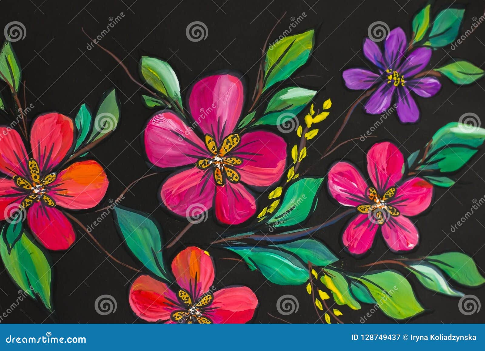 Flowers Illustration on a Black Background. Oil Painting ...