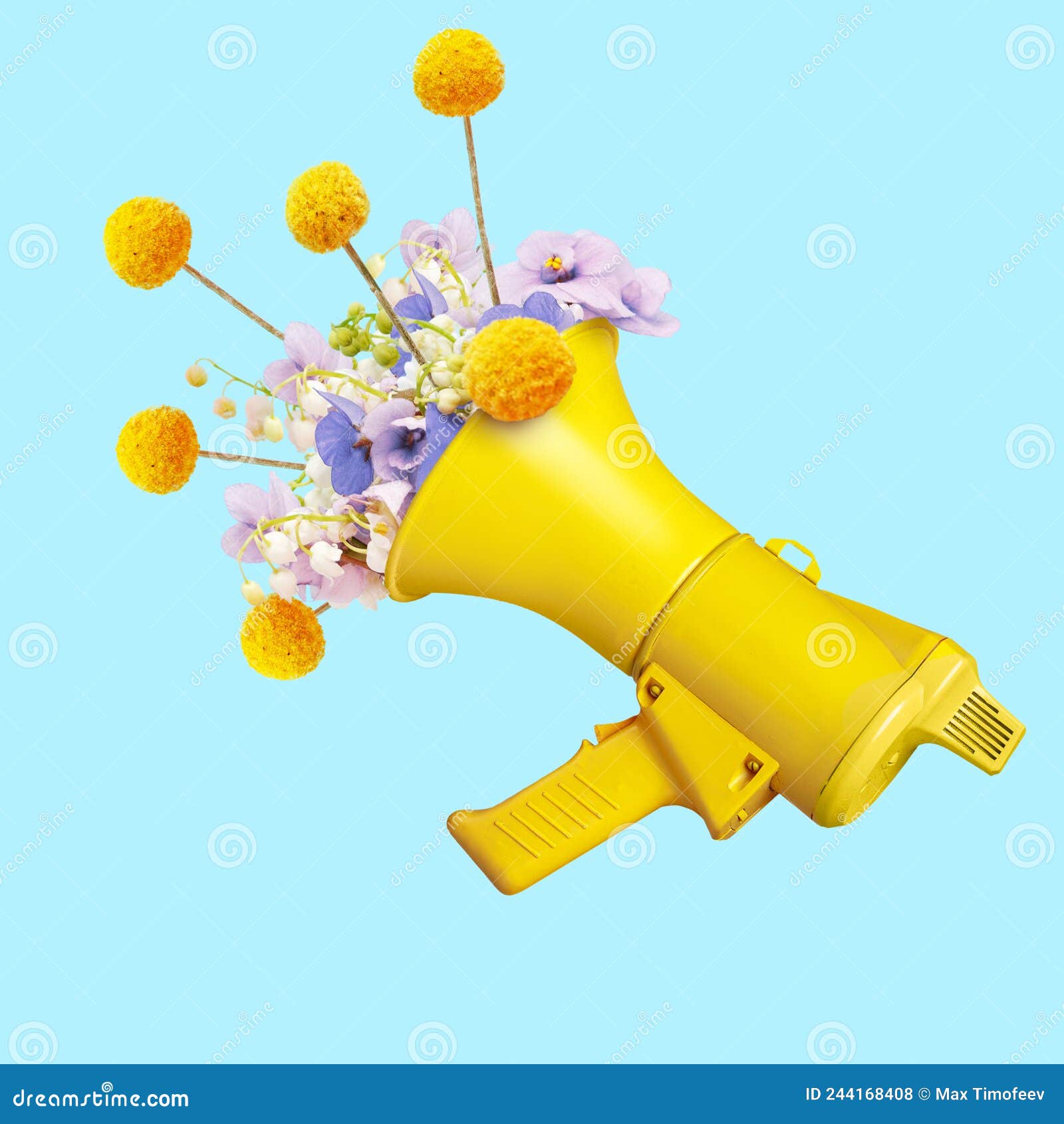 https://thumbs.dreamstime.com/z/flowers-megaphone-bouquet-sticks-out-creative-concept-blue-background-244168408.jpg