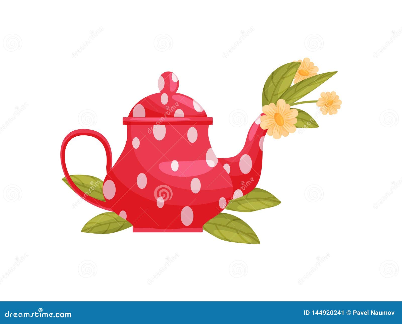 Flowers in Polka Dot Teapot on White Background. Stock Vector