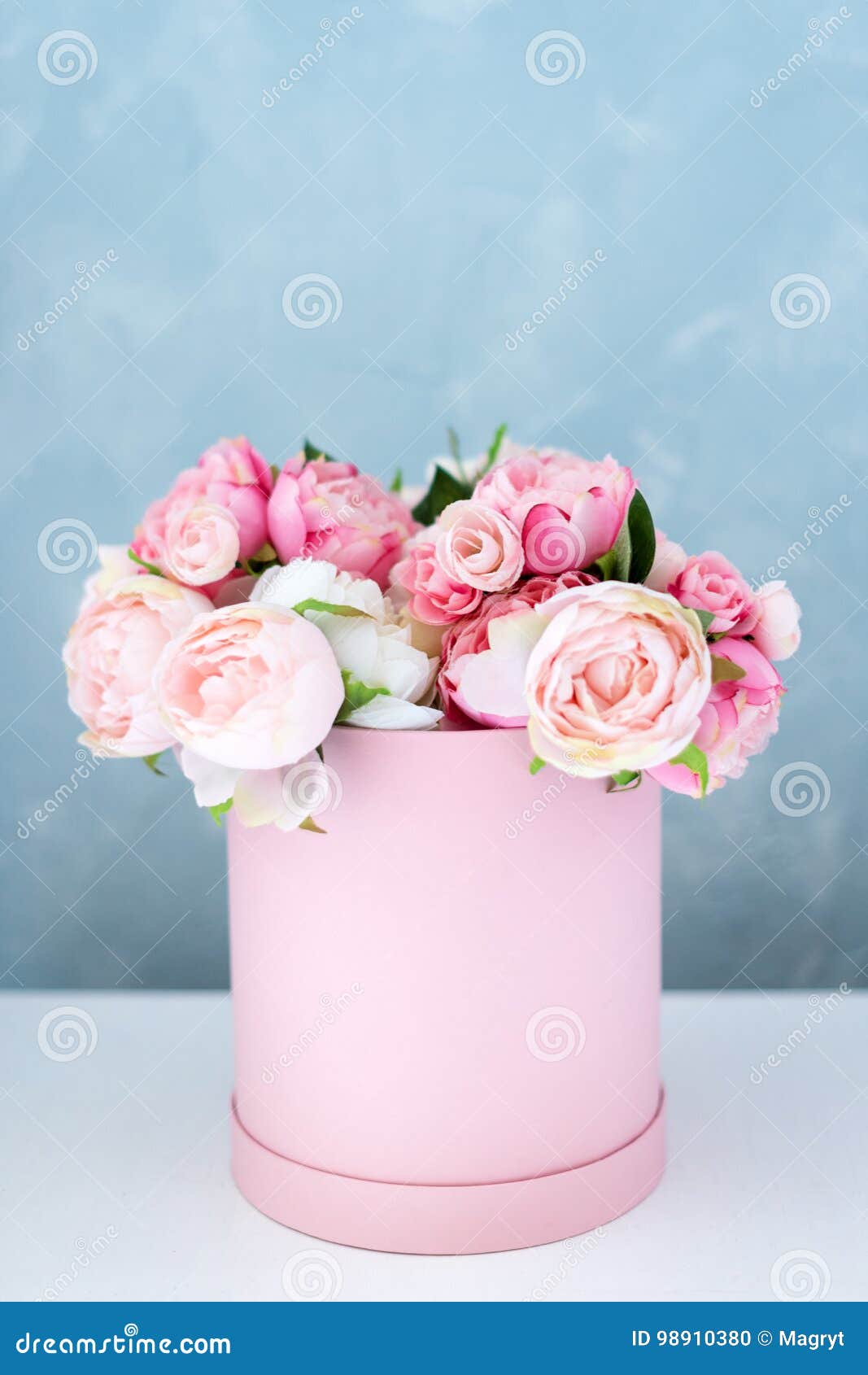 Download Flowers In Round Luxury Present Box Bouquet Of Pink And White Peonies In Paper Box Mock Up Of Hat Box Of Flowers With Stock Photo Image Of Design Compose 98910380