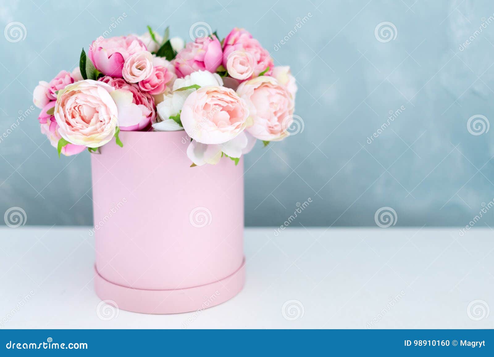 Download Flowers In Round Luxury Present Box Bouquet Of Pink And White Peonies In Paper Box Mock Up Of Hat Box Of Flowers With Stock Photo Image Of Decorative Floral 98910160