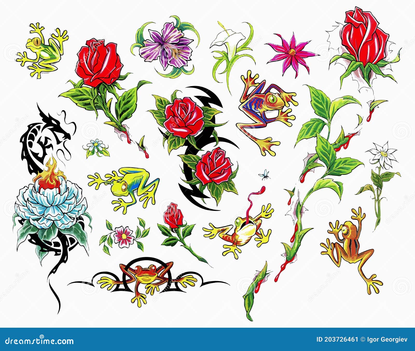 Flowers Tattoo Set. Set of Labels and Elements. Vector Set Illustration