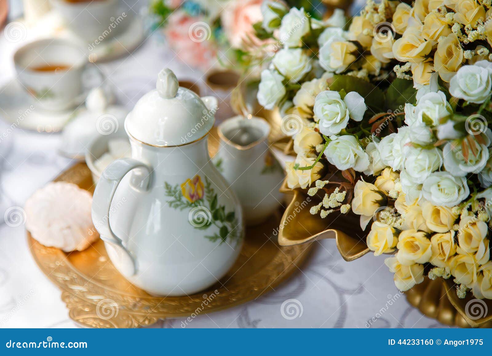 Flowers, Tea, Marshmallows on a Tray on the Table Stock Photo Image