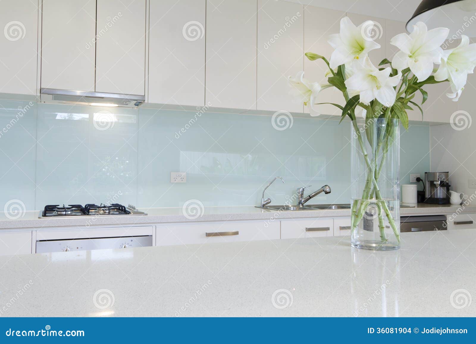 flowers on white kitchen