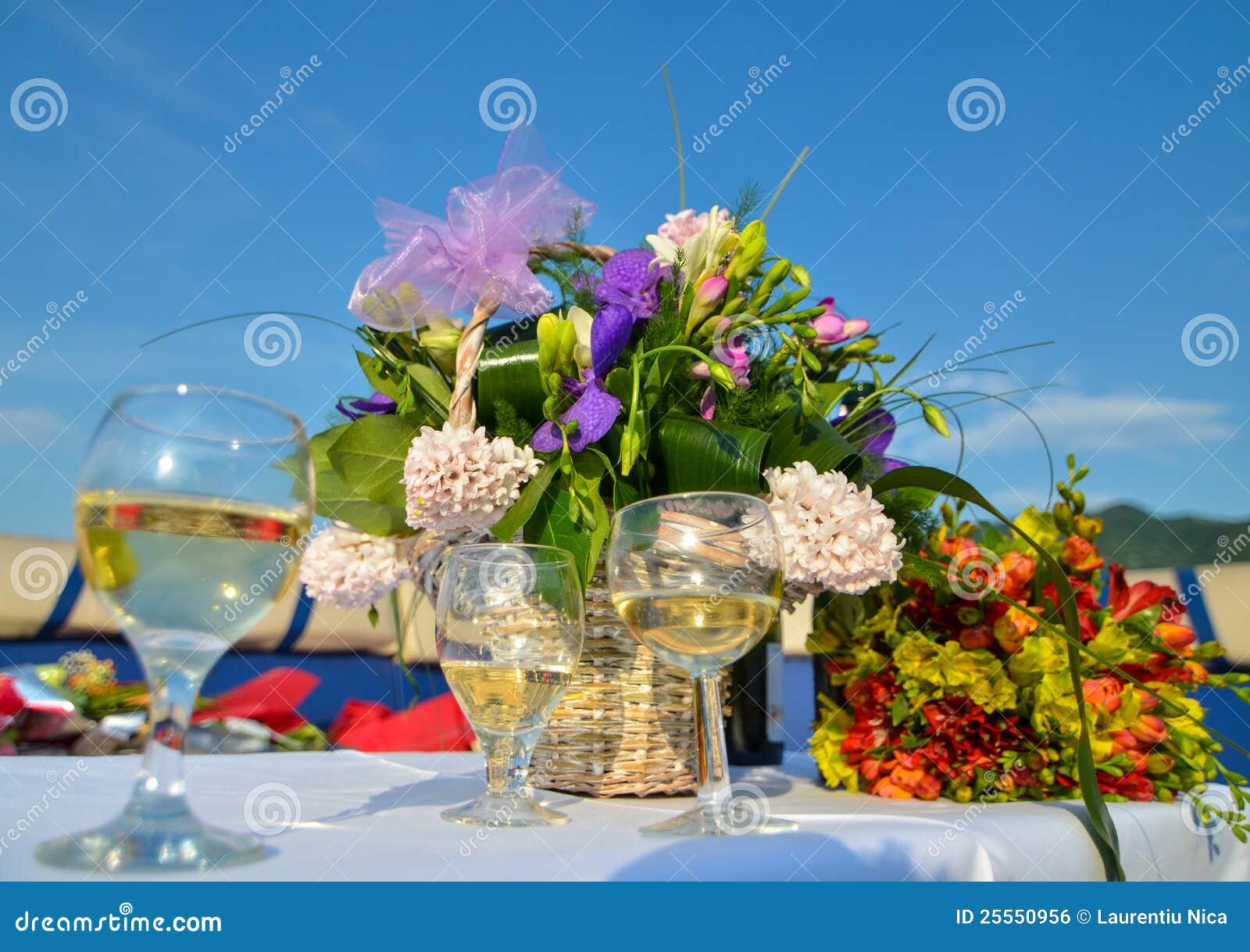 Flowers and white wine stock photo. Image of entertaining 25550956